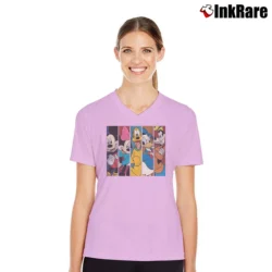 Women’s Disney Mickey Minnie Pluto Donald Goofy Funny Graphic V-Neck Tee in light pink | Chic Neckline, Soft Texture