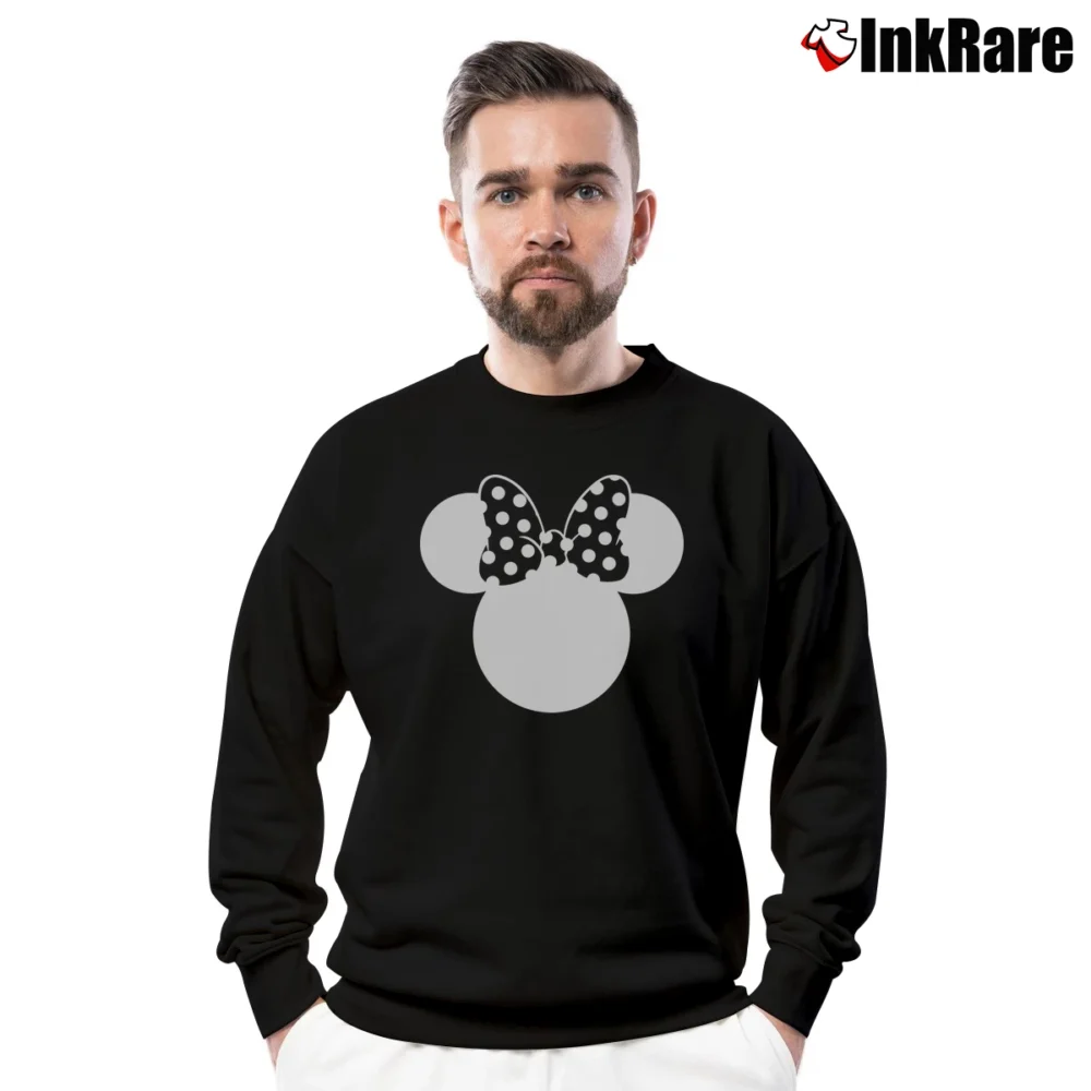 Men’s Disney Mickey Minnie Speckled Ribbon Cute Crewneck Sweatshirt in black | Cozy Fabric, Clean Style