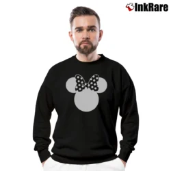 Men’s Disney Mickey Minnie Speckled Ribbon Cute Crewneck Sweatshirt in black | Cozy Fabric, Clean Style