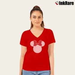 Women’s Disney Mickey Minnie Speckled Ribbon Cute V-Neck Tee in red | Chic Neckline, Soft Texture