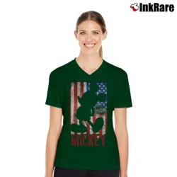 Women’s Disney Mickey Mouse American Flag 1928 Graphic V-Neck Tee in forest green | Chic Neckline, Soft Texture