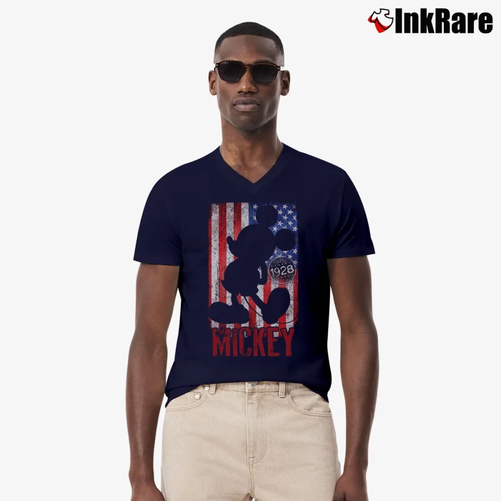 Men’s Disney Mickey Mouse American Flag 1928 Graphic V-Neck Tee in navy | Sharp, Breathable, Everyday Staple