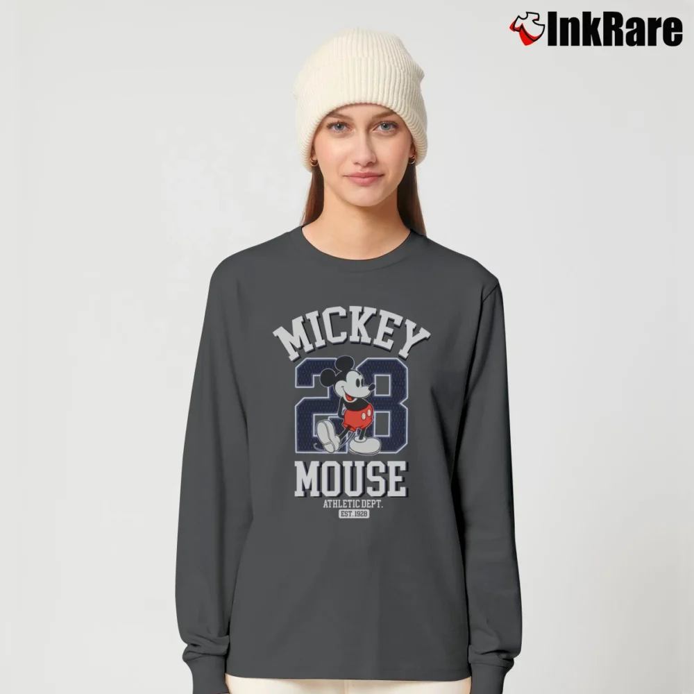 Women’s Disney Mickey Mouse Athletic Dept EST.1928 Graphic Long-Sleeve Top in charcoal | Sleek, Versatile, All-Season