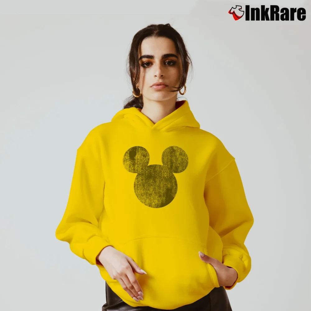 Women’s Disney Mickey Mouse Distressed Head Silhouette Cozy Hoodie in yellow | Warm, Structured, Stylish