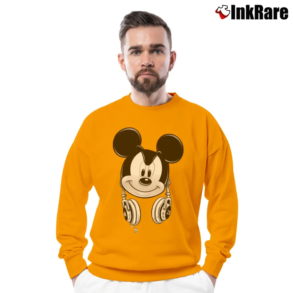 Men’s Disney Mickey Mouse Dj Headphones Crewneck Sweatshirt in orange | Cozy Fabric, Clean Style