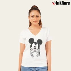 Women’s Disney Mickey Mouse Dj Headphones V-Neck Tee in white | Chic Neckline, Soft Texture
