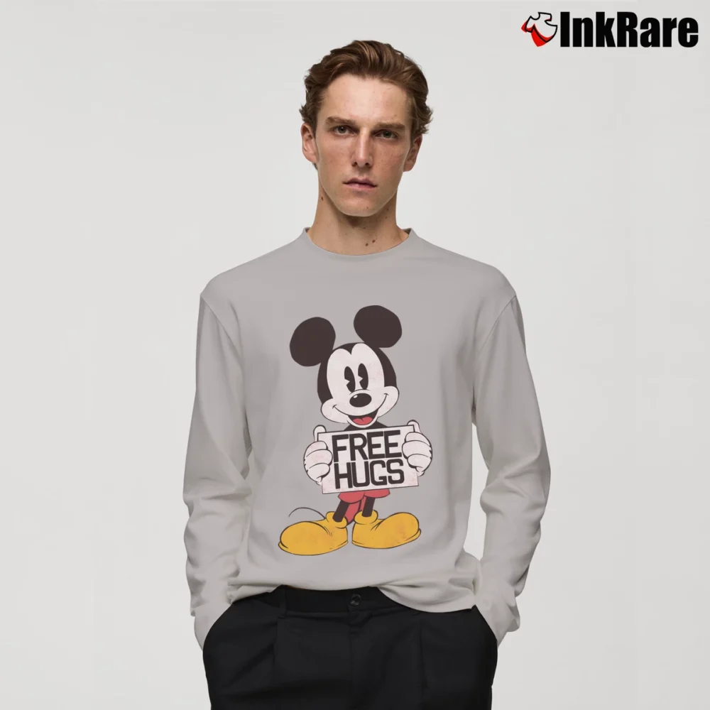 Men’s Disney Mickey Mouse Free Hugs Funny Long-Sleeve Shirt in sport grey | Sleek, Lightweight, Year-Round Wear