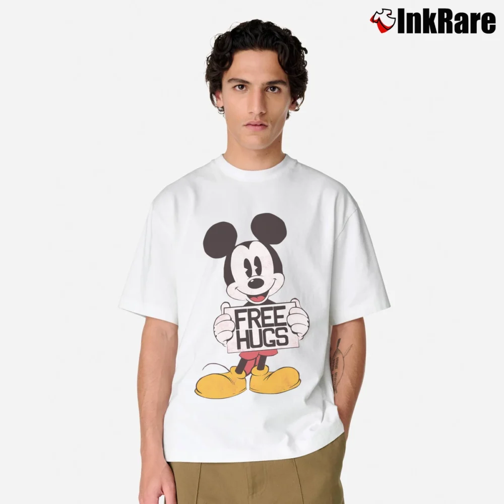 Men’s Disney Mickey Mouse Free Hugs Funny Classic T-Shirt in white | Soft, Breathable Everyday Wear