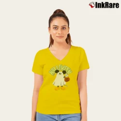 Women’s Disney Mickey Mouse Happy Halloween Trick Or Treat V-Neck Tee in yellow | Chic Neckline, Soft Texture