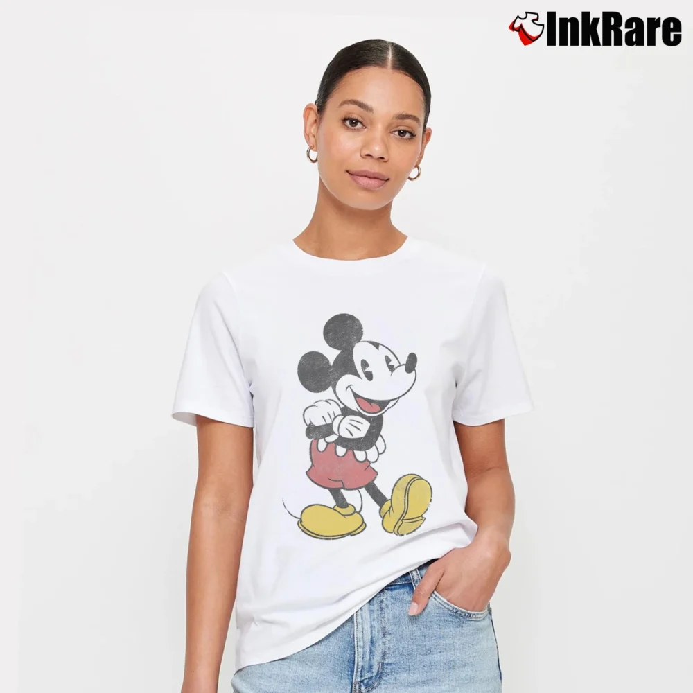 Women’s Disney Mickey Mouse Lean Forward Retro Classic Signature T-Shirt in white | Soft, Flattering Fit