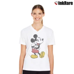 Women’s Disney Mickey Mouse Lean Forward Retro Classic V-Neck Tee in white | Chic Neckline, Soft Texture