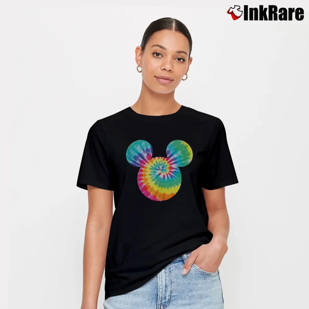 Women’s Disney Mickey Mouse Rainbow Tie Dye Icon Signature T-Shirt in black | Soft, Flattering Fit