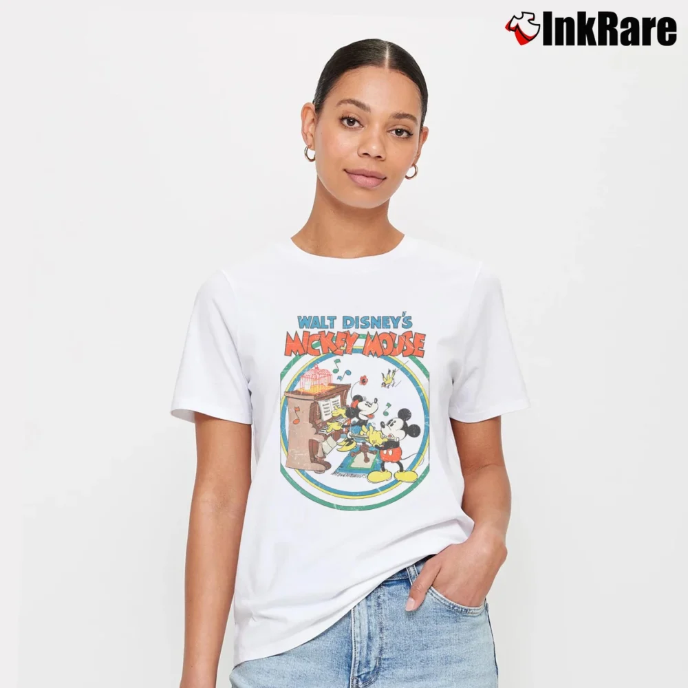 Women’s Disney Mickey Mouse Retro Poster Piano Signature T-Shirt in white | Soft, Flattering Fit