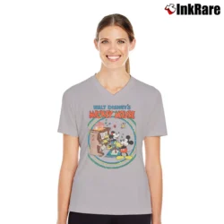 Women’s Disney Mickey Mouse Retro Poster Piano V-Neck Tee in sport grey | Chic Neckline, Soft Texture