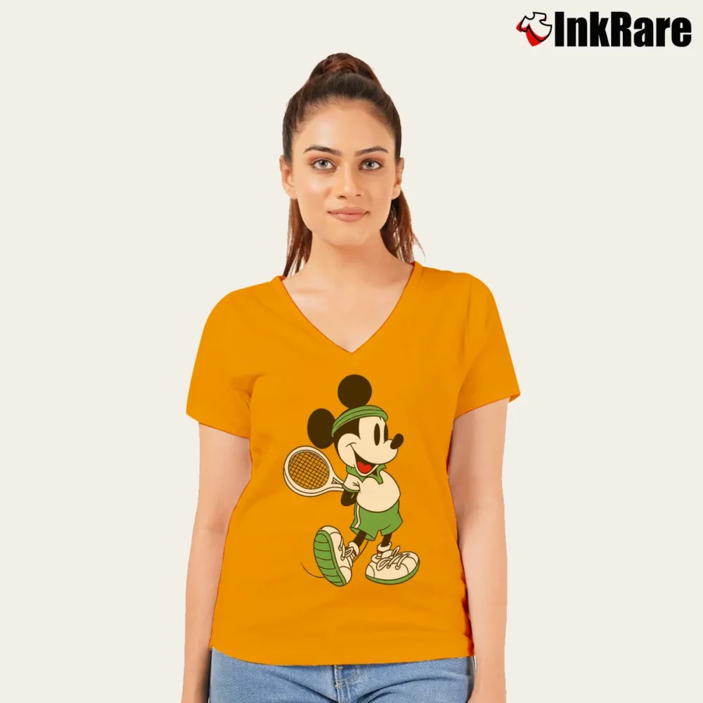 Women’s Disney Mickey Mouse Tennis Graphic V-Neck Tee in orange | Chic Neckline, Soft Texture