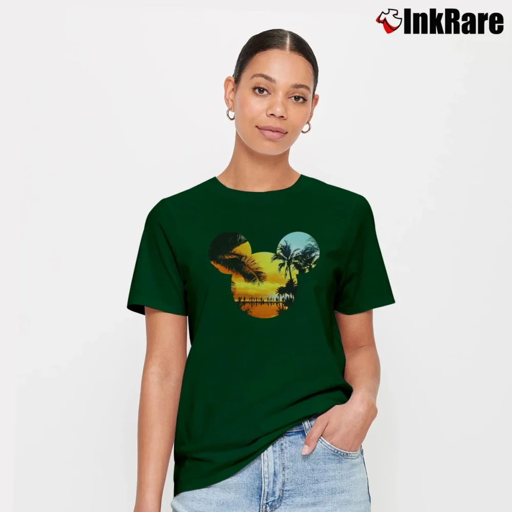 Women’s Disney Mickey Mouse Tropical Sunset Logo Signature T-Shirt in forest green | Soft, Flattering Fit