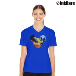 Women’s Disney Mickey Mouse Tropical Sunset Logo V-Neck Tee in royal blue | Chic Neckline, Soft Texture