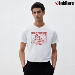 Men’s Disney Mickey Runaway Love At First Bite V-Neck Tee in white | Sharp, Breathable, Everyday Staple