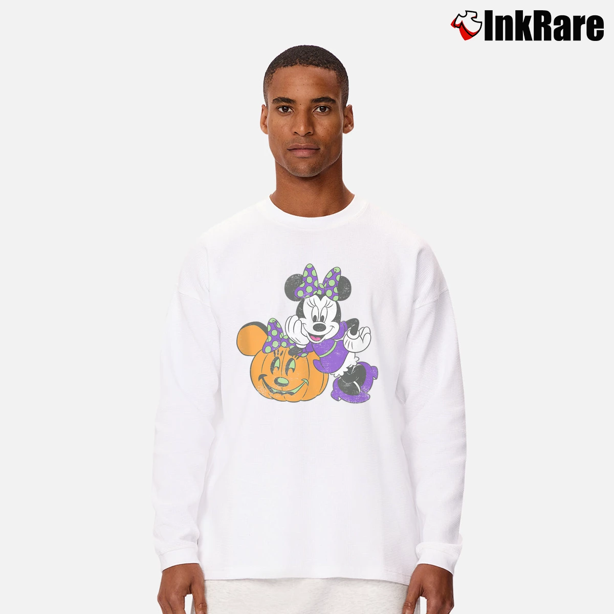 Men’s Disney Minnie Mouse Pumpkin Halloween Long-Sleeve Shirt in white | Sleek, Lightweight, Year-Round Wear