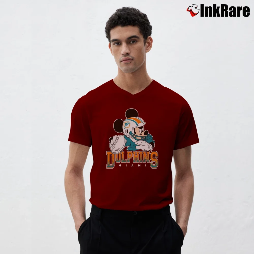 Men’s Disney NFL Mickey Mouse Miami Dolphins Quarterback V-Neck Tee in maroon | Sharp, Breathable, Everyday Staple