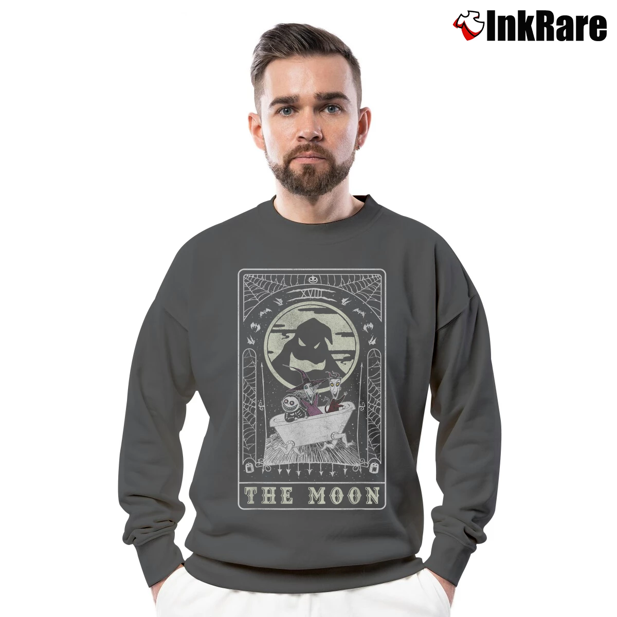 Men’s Disney Nightmare Before Christmas Moon Card Crewneck Sweatshirt in charcoal | Cozy Fabric, Clean Style