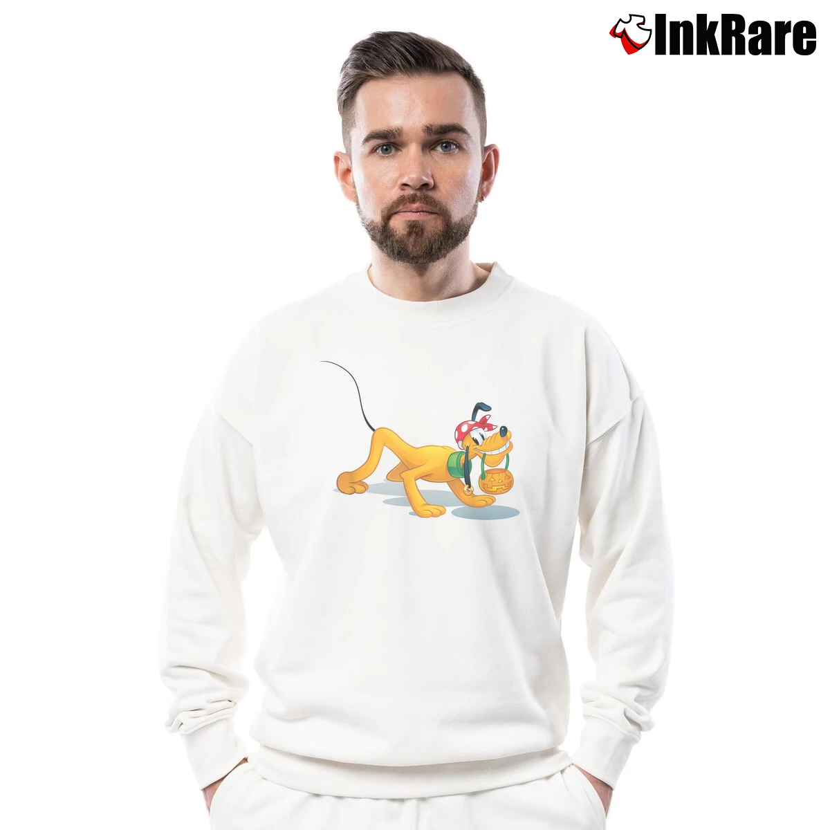 Men’s Disney Pluto Pirate Trick Or Treat Halloween Crewneck Sweatshirt in white | Cozy Fabric, Clean Style