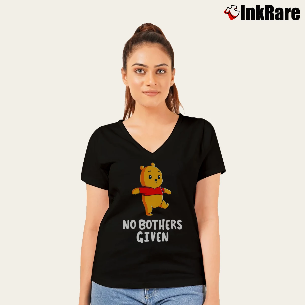Women’s Disney Winnie The Pooh No Bothers Given V-Neck Tee in black | Chic Neckline, Soft Texture