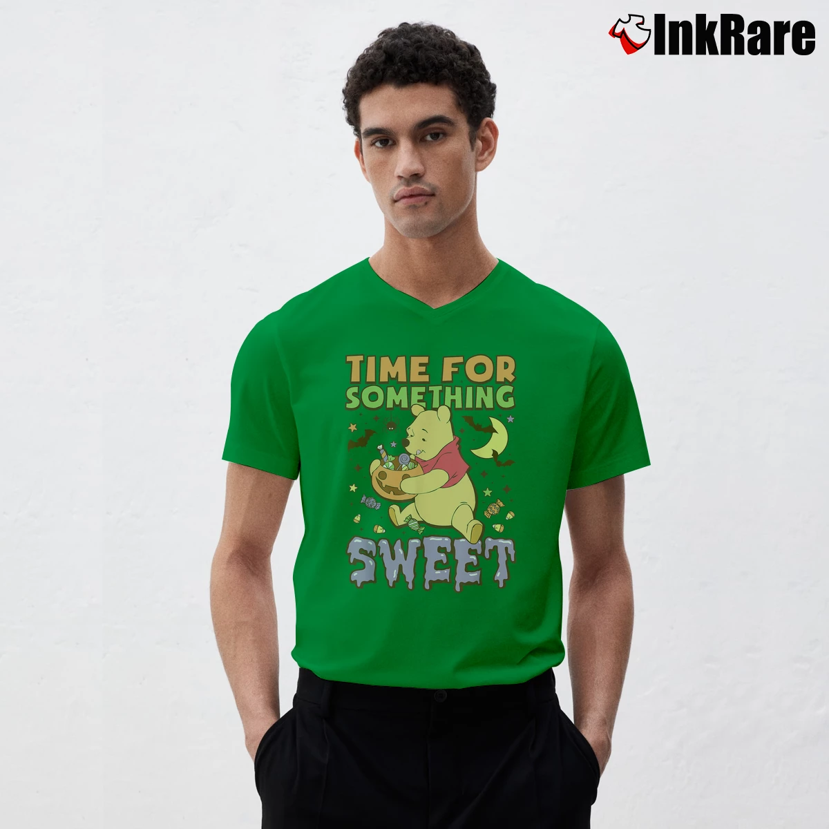 Men’s Disney Winnie The Pooh Time For Something Sweet Halloween V-Neck Tee in irish green | Sharp, Breathable, Everyday Staple