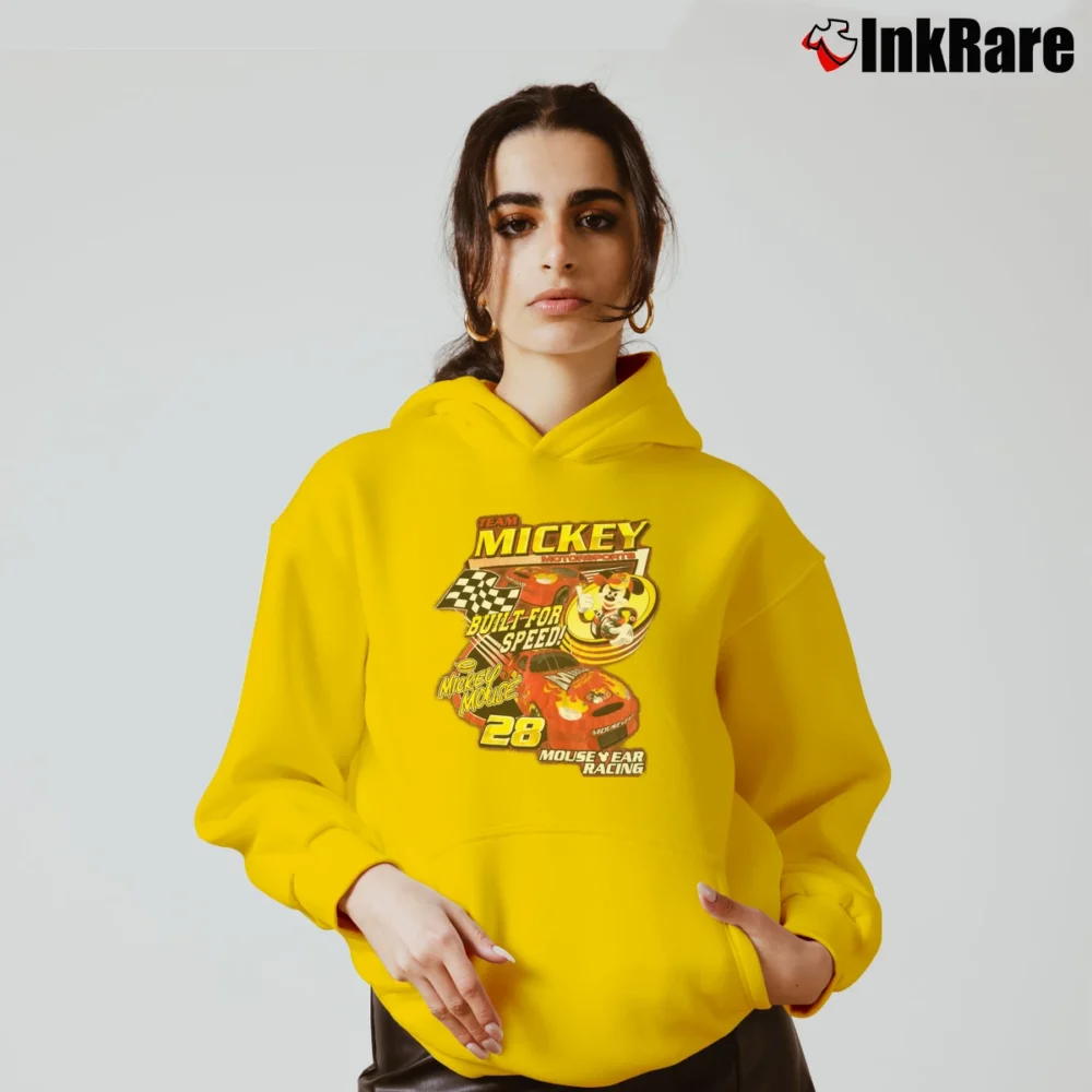 Women’s Disney World Mickey Mouse Motorsports Racing Cozy Hoodie in yellow | Warm, Structured, Stylish
