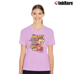 Women’s Disney World Mickey Mouse Motorsports Racing V-Neck Tee in light pink | Chic Neckline, Soft Texture
