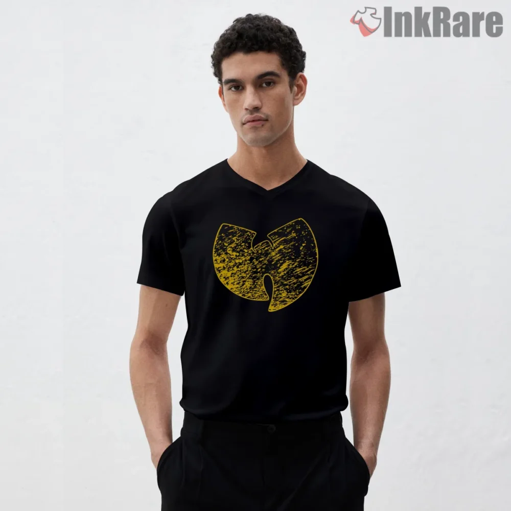 Distressed Gold Wu Tang Emblem Classic Shirt on black v-neck shirt for men graphic tee