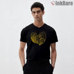 Distressed Gold Wu Tang Emblem Classic Shirt on black v-neck shirt for men graphic tee