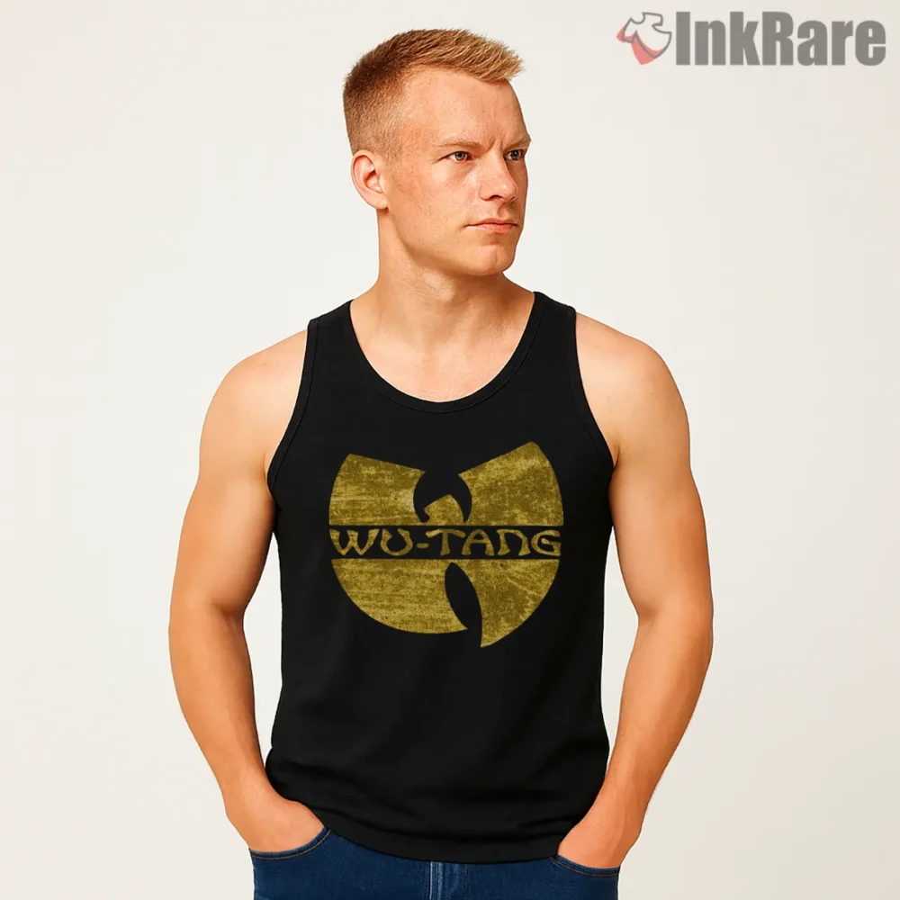 Distressed Gold Wu Tang Wordmark Emblem Shirt on black tank top for men graphic tee