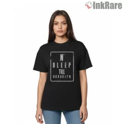 Distressed No Sleep Till Brooklyn Type Shirt on black short sleeve shirt for women graphic tee
