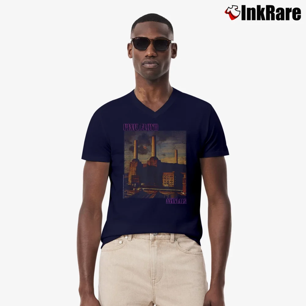 Men’s Distressed Pink Floyd Animals V-Neck Tee in navy | Sharp, Breathable, Everyday Staple