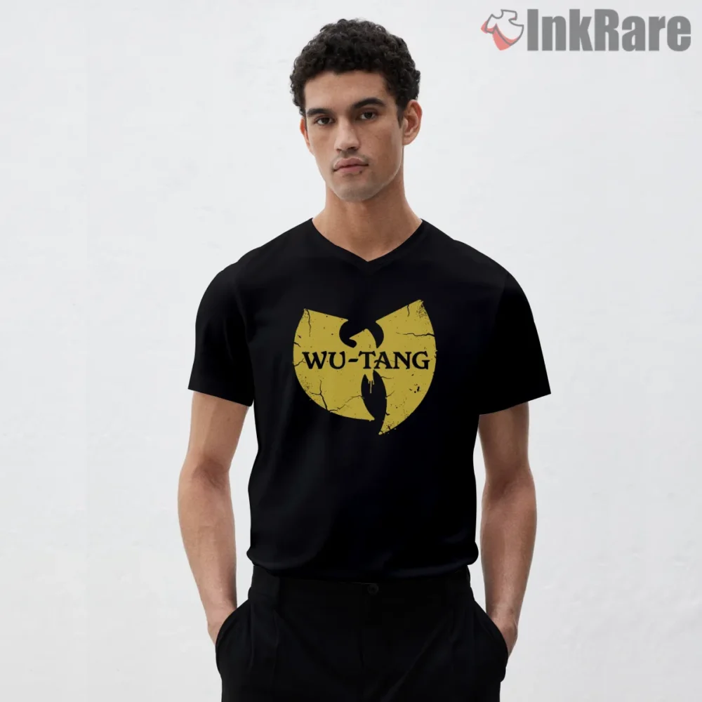 Distressed Wu Tang Forever Classic Logo Shirt on black v-neck shirt for men graphic tee