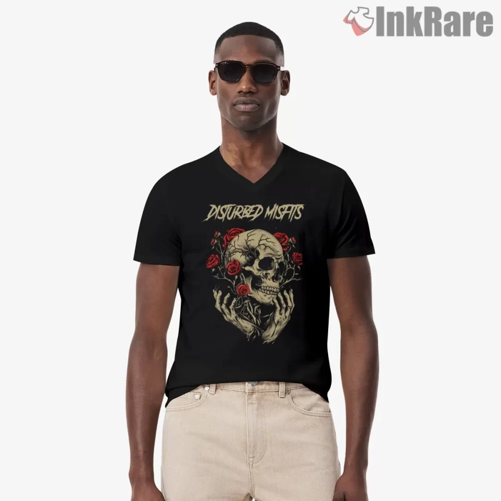 Disturbed Misfits Skull And Roses Fan Art Shirt on black v-neck shirt for men graphic tee