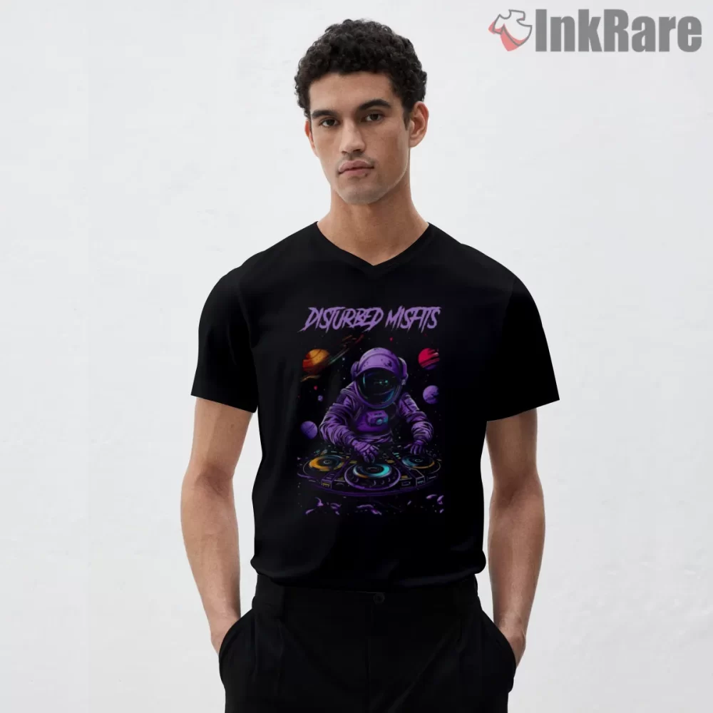 Disturbed Misfits Space Dj Fan Art Shirt on black v-neck shirt for men graphic tee