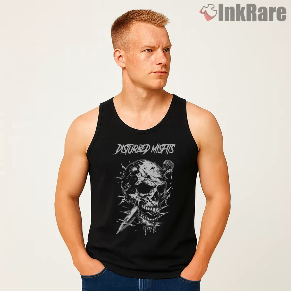 Disturbed Misfits Spiked Skull Dagger Fan Art Shirt on black tank top for men graphic tee