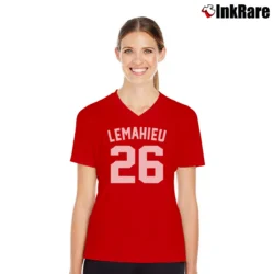 Women’s DJ LeMahieu Yankees Baseball V-Neck Tee in red | Chic Neckline, Soft Texture