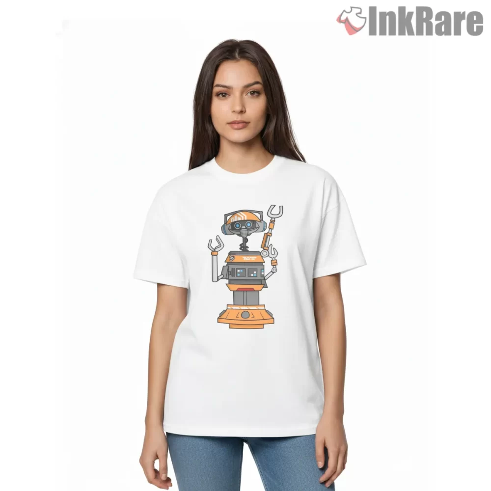 Dj R3x Retro Droid Music Shirt on white short sleeve shirt for women graphic tee