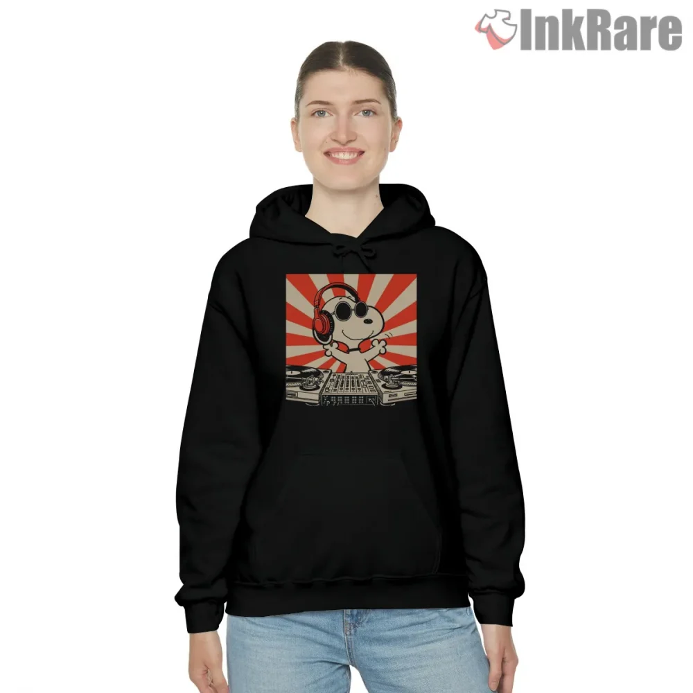 Dj Snoopy Music Turntable Graphic Shirt on black hoodie for women graphic tee