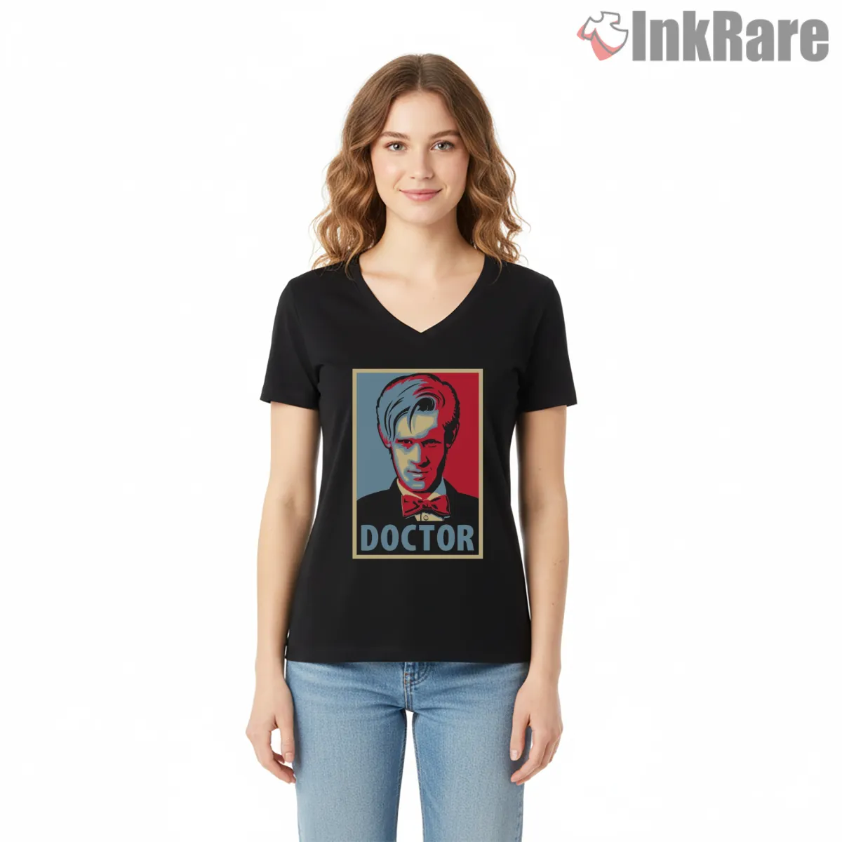 Doctor Retro Portrait Bold Graphic Poster V Neck Black Doctor Retro Portrait Bold Graphic Poster Shirt on black v-neck shirt for women graphic tee