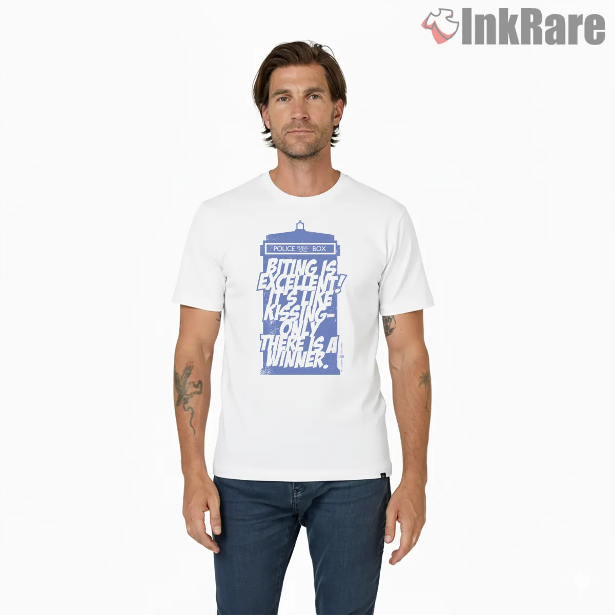 Doctor Who Biting Is Excellent Bold Typography Shirt on white short sleeve shirt for men graphic tee
