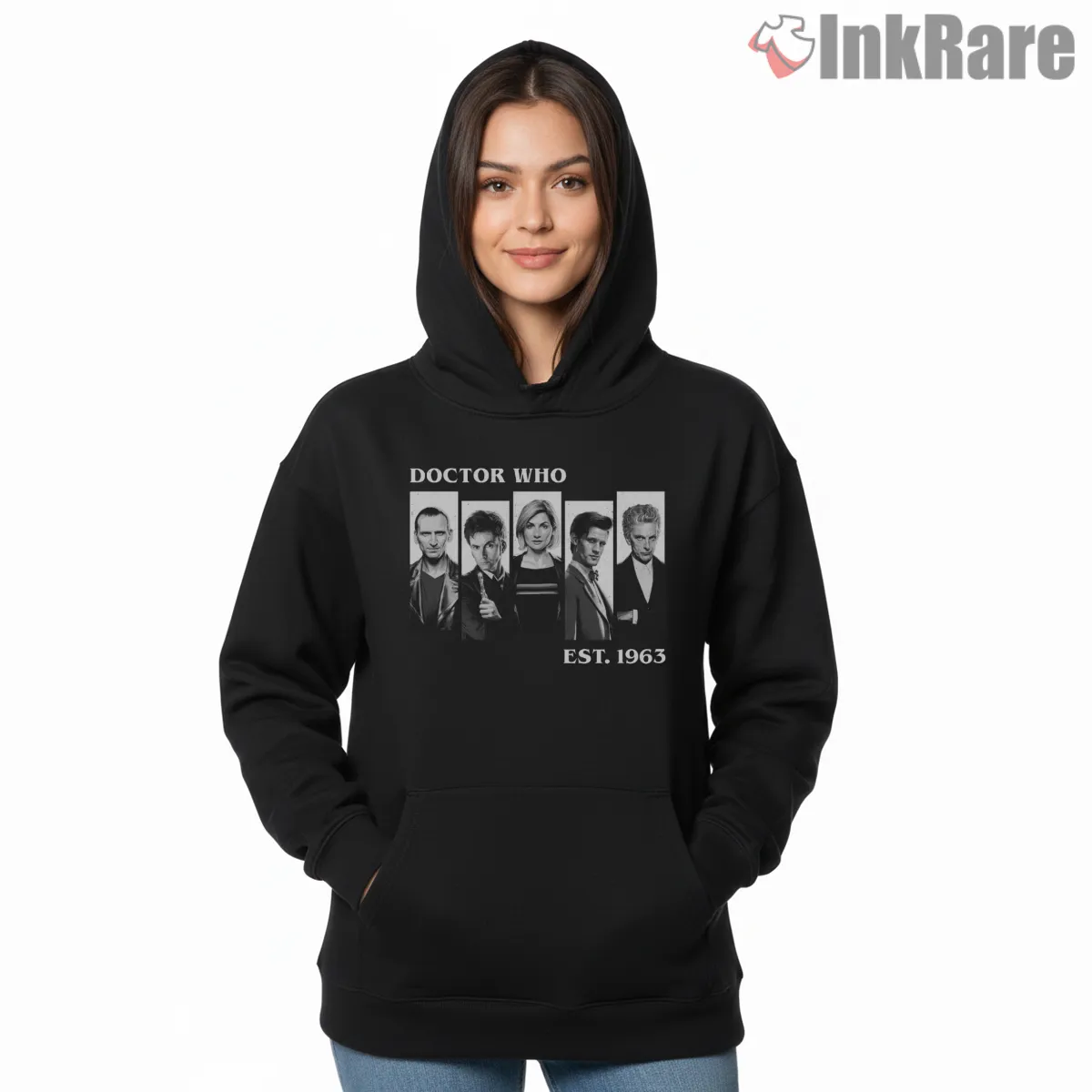 Doctor Who Classic Doctors Lineup Est 1963 Portrait Hoodie Black Doctor Who Classic Doctors Lineup Est 1963 Portrait Shirt on black hoodie for women graphic tee