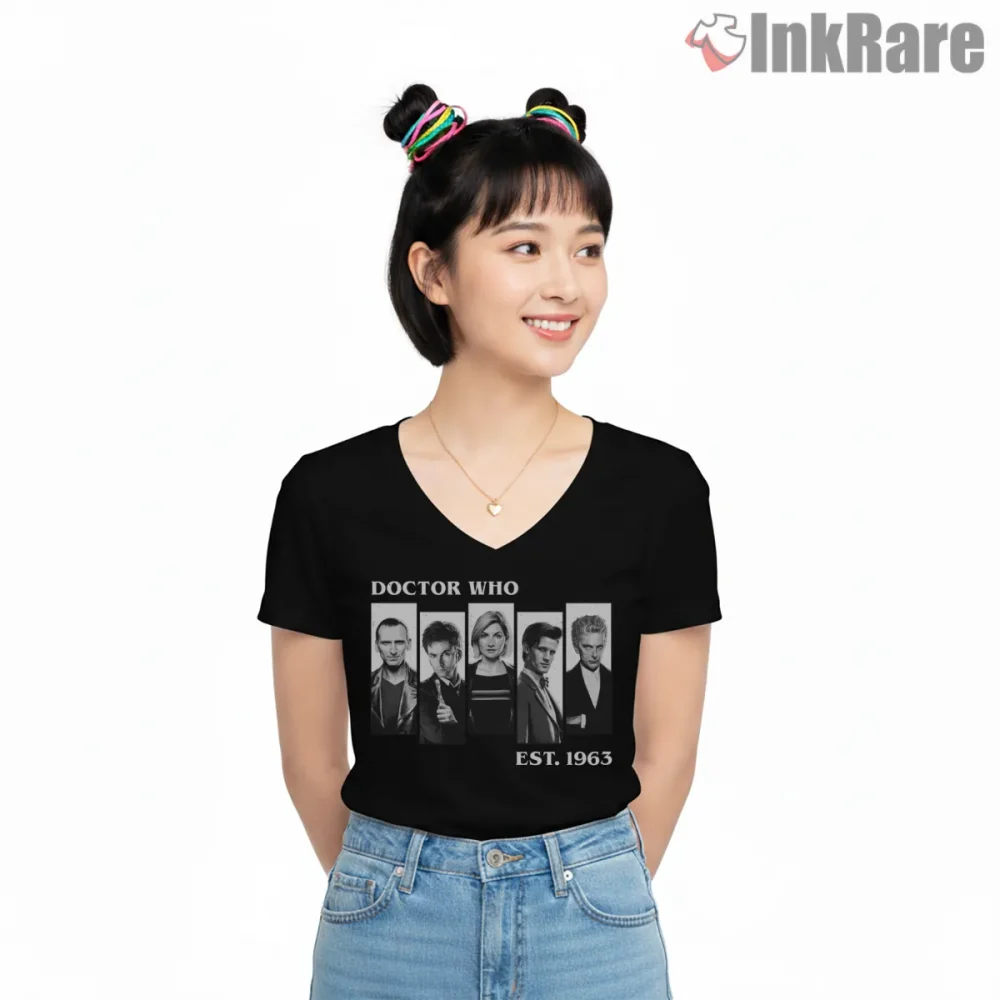 Doctor Who Classic Doctors Lineup Est 1963 Portrait Shirt on black v-neck shirt for women graphic tee
