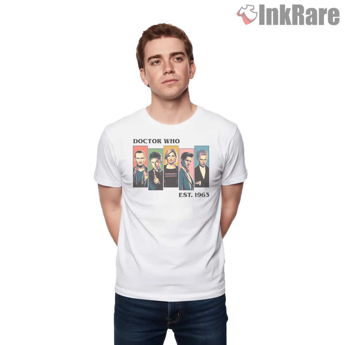 Doctor Who Classic Doctors Lineup Est 1963 Retro Shirt on white short sleeve shirt for men graphic tee