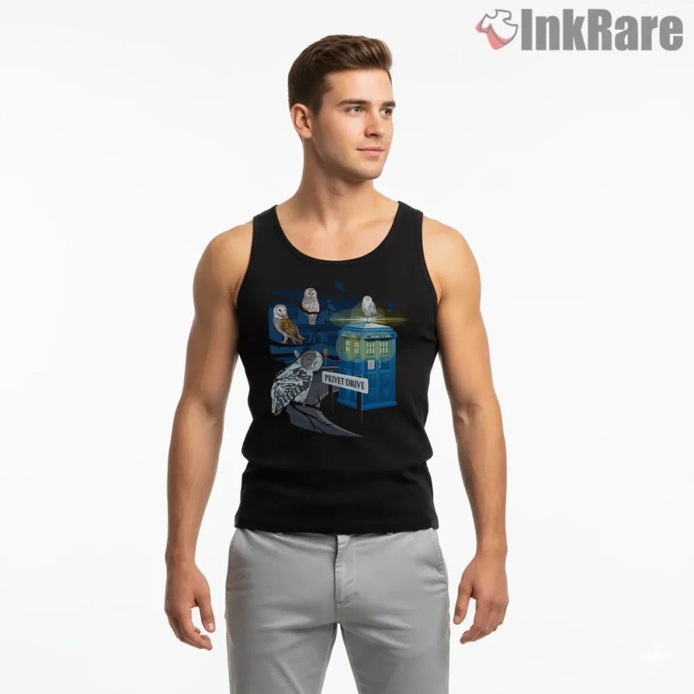 Doctor Who Hedwig Privet Drive Christmas Mashup Shirt on black tank top for men graphic tee