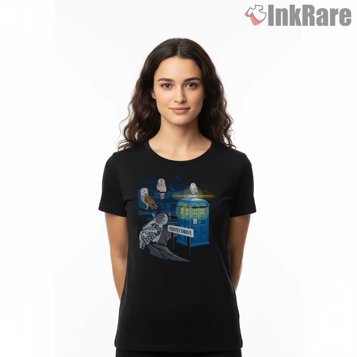 Doctor Who Hedwig Privet Drive Christmas Mashup Short Sleeve Black Doctor Who Hedwig Privet Drive Christmas Mashup Shirt on black short sleeve shirt for women graphic tee