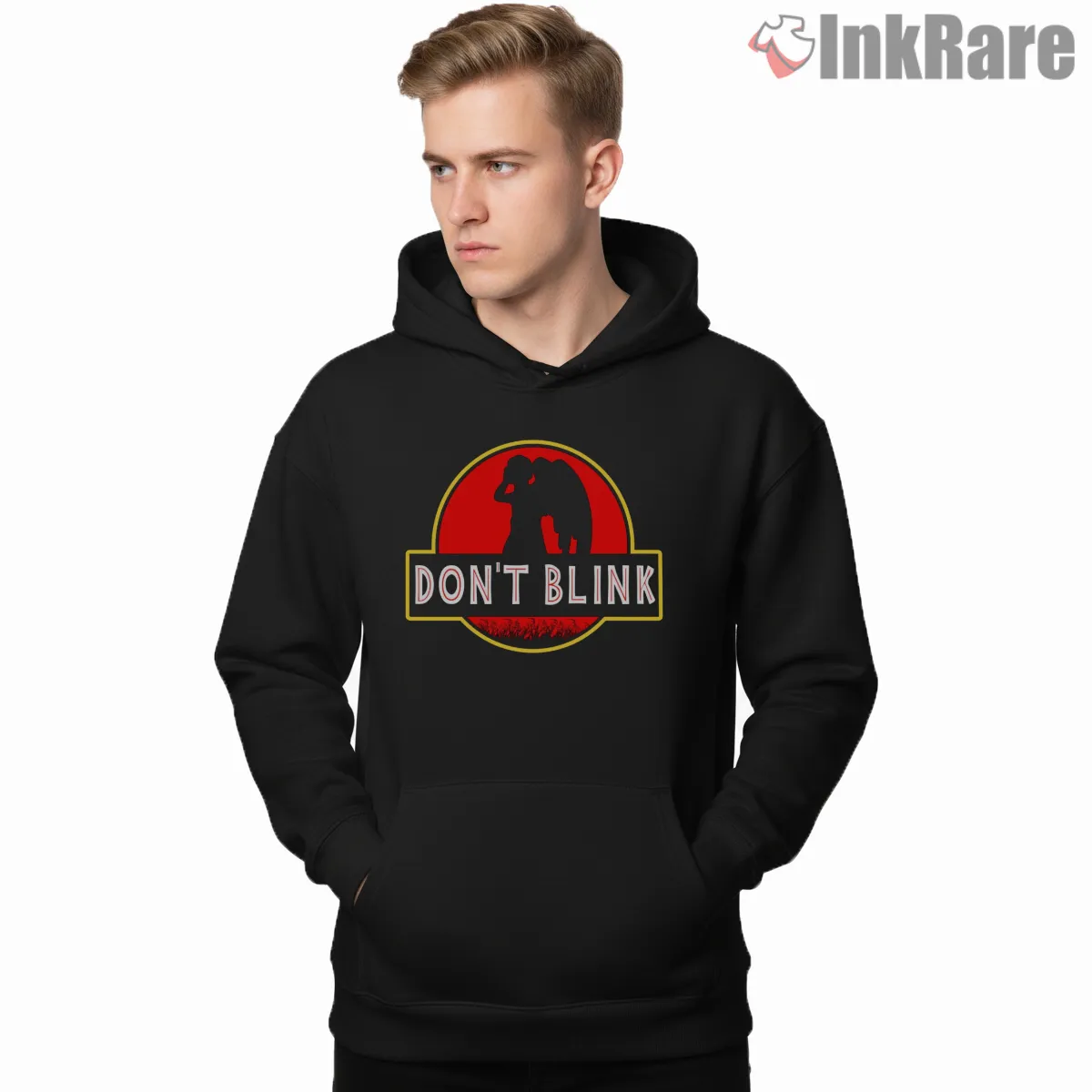 Doctor Who Jurassic Park Dont Blink Mashup Logo Shirt on black hoodie for men graphic tee